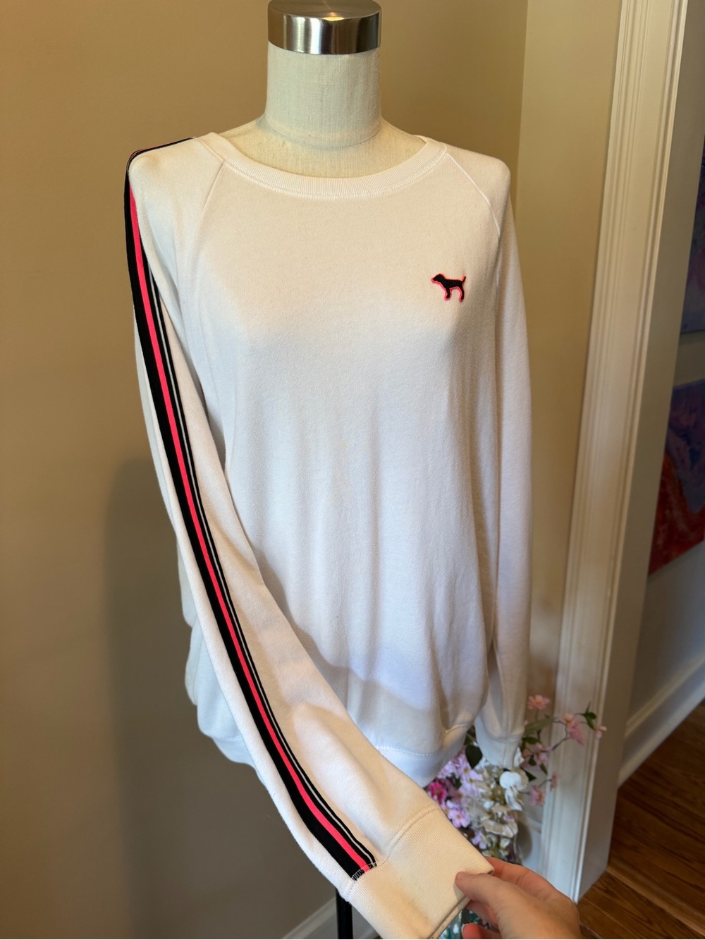 PINK Victoria's Secret White Crewneck Sweater with Pink & Black Stripe Sleeve